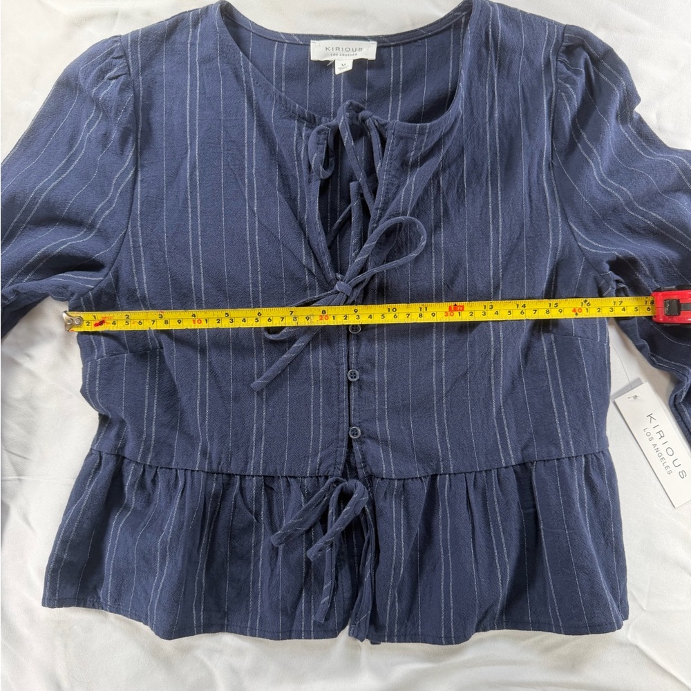 KIRIOUS LA Navy Pinstripe Tie Front Peplum Blouse Boho Cottagecore Top M NWT - Picture 3 of 11